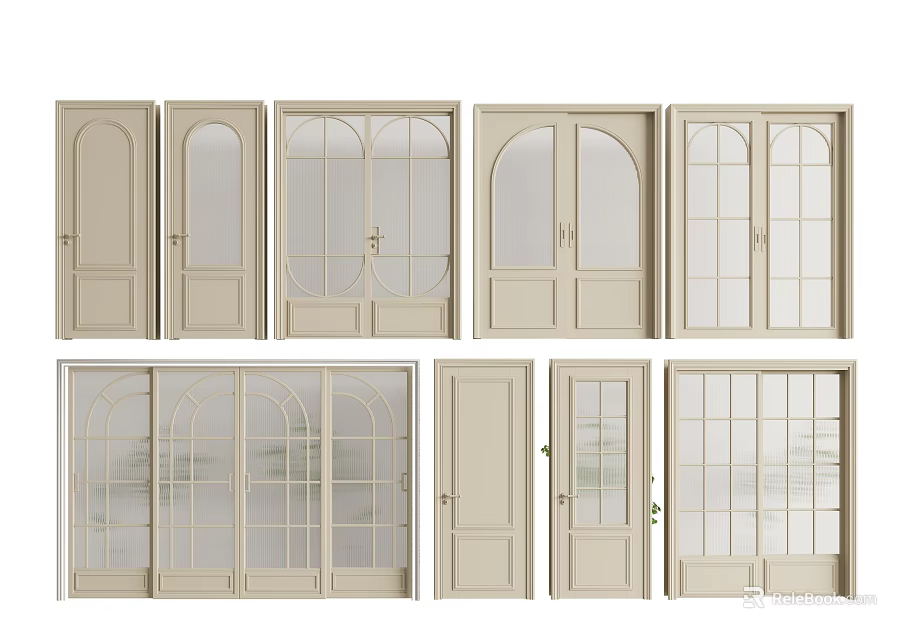 Beige Wooden Double Doors With Arched And Rectangular Glass Panel Styles 3d model 
