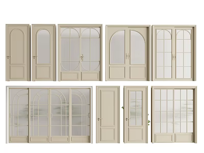 Beige Wooden Double Doors With Arched And Rectangular Glass Panel Styles 3d model