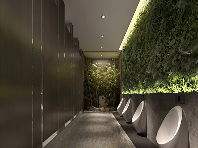Modern Public Restroom Design With Living Plant Wall Dark Walls And Urinals 3d model