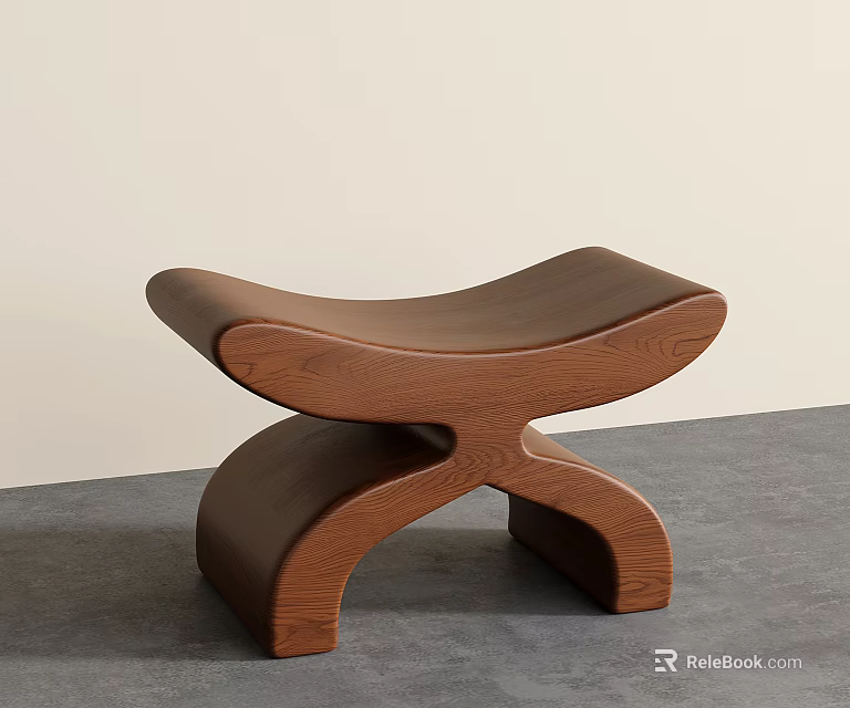 Elegant Brown Wooden Stool With Modern Curved Cross Legs For Home Decor 3d model 
