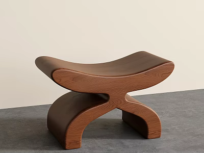 Elegant Brown Wooden Stool With Modern Curved Cross Legs For Home Decor 3d model