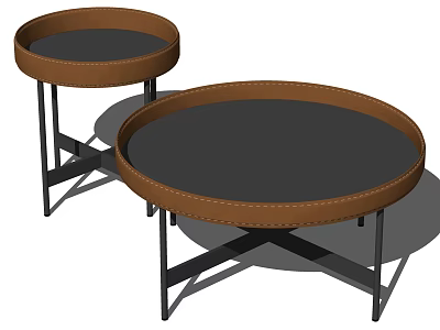 Two Round Coffee Tables With Black Top And Brown Leather Trim Metal Legs 3d model