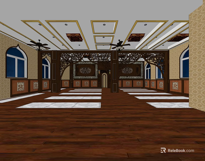 Elegant Hotel Lobby Interior With Wooden Floors Decorative Ceiling Arched Windows And Carved Partitions 3d model 