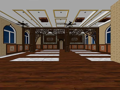 Elegant Hotel Lobby Interior With Wooden Floors Decorative Ceiling Arched Windows And Carved Partitions 3d model