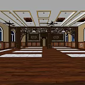 Elegant Hotel Lobby Interior With Wooden Floors Decorative Ceiling Arched Windows And Carved Partitions