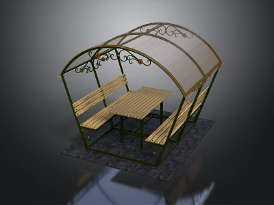 Outdoor Shelter With Transparent Canopy Metal Frame Wooden Table Benches And Decorative Scrolls 3d model