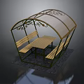 Outdoor Shelter With Transparent Canopy Metal Frame Wooden Table Benches And Decorative Scrolls