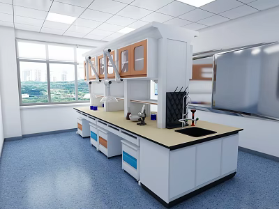 Modern Laboratory Interior Featuring Lab Bench Fume Hoods Wooden Cabinets And Equipment 3d model