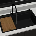 Stainless Steel Kitchen Sink With Wooden Cutting Board Faucet Water Flow And Fruits Black Plate