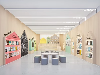 Bright Kindergarten Library With Wooden Walls Colorful House Shaped Bookshelves White Table And Gray Stools 3d model