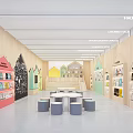 Bright Kindergarten Library With Wooden Walls Colorful House Shaped Bookshelves White Table And Gray Stools