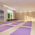 Spacious Yoga Studio With Purple Yoga Mats Wooden Floors Bright Lighting And Mirror Walls