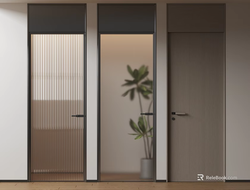 Modern Interior Featuring Sleek Wooden And Glass Hinged Doors With Green Plant 3d model 