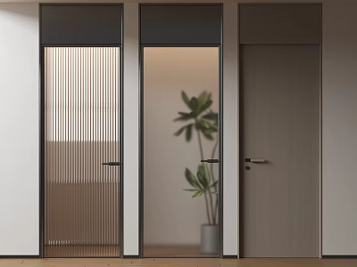 Modern Interior Featuring Sleek Wooden And Glass Hinged Doors With Green Plant 3d model