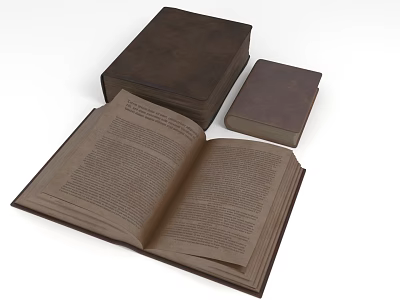 Open Brown Hardcover Book With Two Closed Classic Books On White Surface 3d model