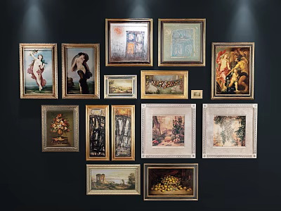 Various Oil Paintings Hanging on Wall with Different Frames Featuring Figures Landscapes and Still Lifes 3d model