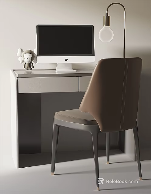 Modern White Desk Setup with Apple Monitor Toy Monkey Decoration and Brown Chair 3d model 