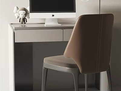Modern White Desk Setup with Apple Monitor Toy Monkey Decoration and Brown Chair 3d model