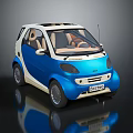 Small Blue And White Two Seater Compact Car With EcoCity Logo And Modern Design