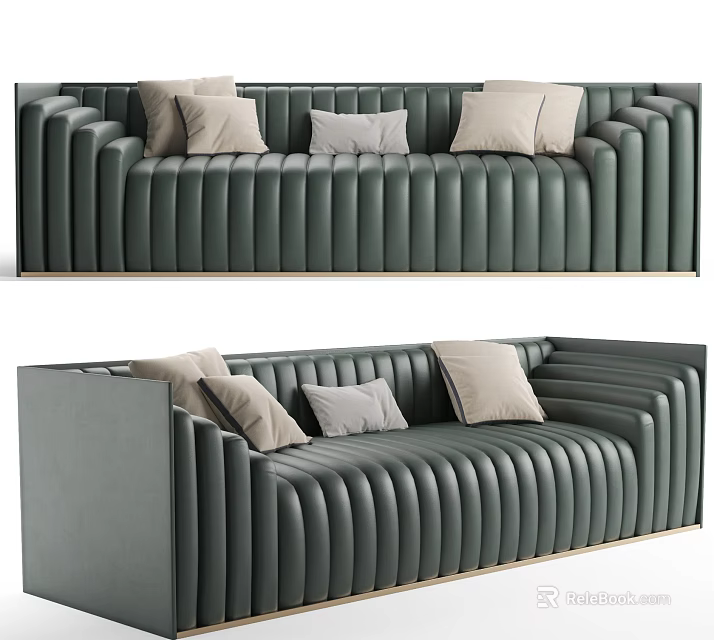Modern Ribbed Design Dark Green Two Seater Sofa With Light Cushions And Golden Frame 3d model 