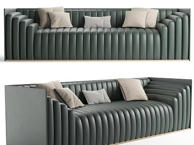 Modern Ribbed Design Dark Green Two Seater Sofa With Light Cushions And Golden Frame 3d model