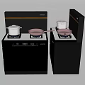 Black Modern Kitchen Appliances With Gas Stove Pots And Storage Cabinets
