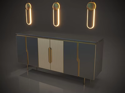 Modern Luxe Console Cabinet With Gray Gold Finish And Circular Wall Lights 3d model