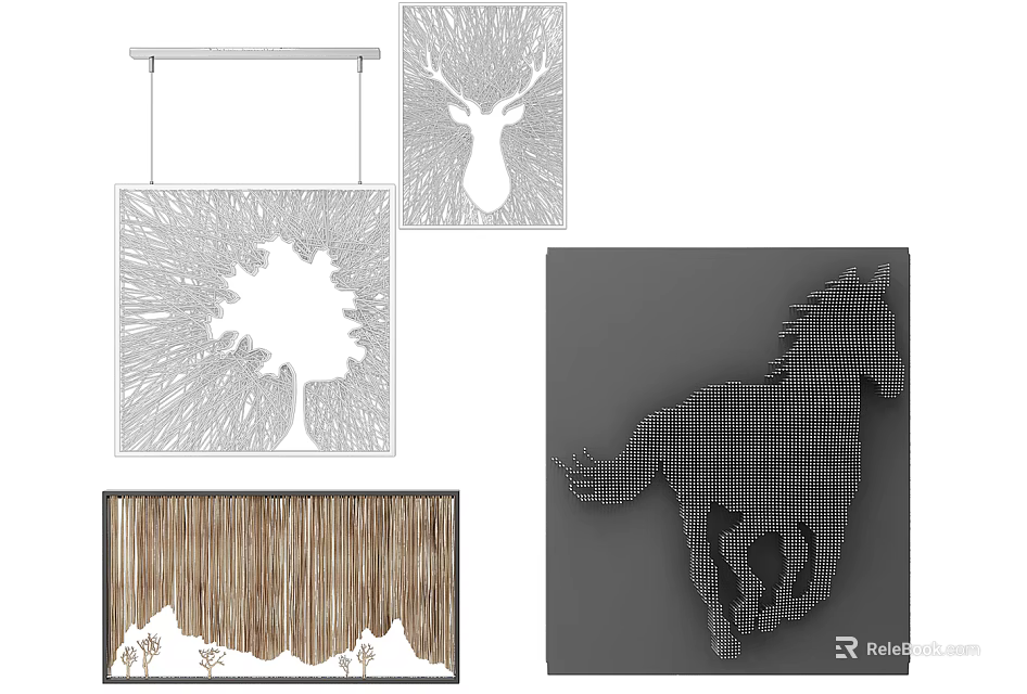 Creative Wall Decor With Tree Deer Horse And Natural Pattern Designs 3d model 