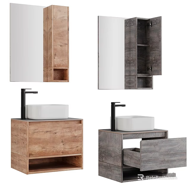 Modern Bathroom Vanity Design With Wooden Gray Cabinet Mirror Faucet And Storage Shelves 3d model 