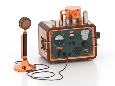 Retro Style Digital Device Featuring Copper Body Green Panel Meters Knobs And Microphone 3d model