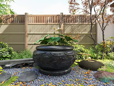 Ornamental Aquarium In Outdoor Garden With Plants And Fence 3d model