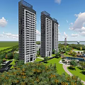 Modern Building Complex 3D Model Design With Green Landscape And Trees