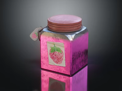 Vibrant Pink Food Storage Jar With Strawberry Label And Round Lid For Kitchen Use 3d model
