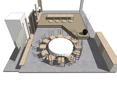 Round Wooden Tea Table With Matching Chairs In Indoor Tea Room Setting 3d model