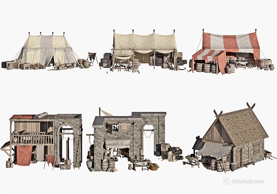 Outdoor Canvas Tents With Various Designs And Barrels Around 3d model
