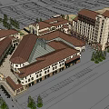 Classical Commercial Street With Arched Windows Green Awnings Outdoor Seating And Pedestrians
