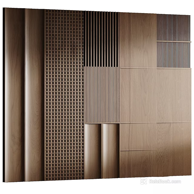 Wooden Wall Design With Grid Patterns Vertical Stripes And Wood Grain Panels 3d model 