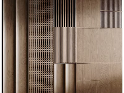 Wooden Wall Design With Grid Patterns Vertical Stripes And Wood Grain Panels 3d model