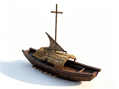 Traditional Wooden Boat Featuring Thatched Roof and Cross Mast Structure 3d model