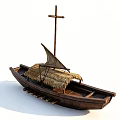 Traditional Wooden Boat Featuring Thatched Roof and Cross Mast Structure