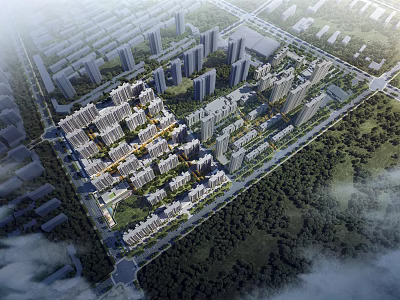 Aerial View Planning of Urban Residential Area With High Rise Buildings and Green Spaces 3d model