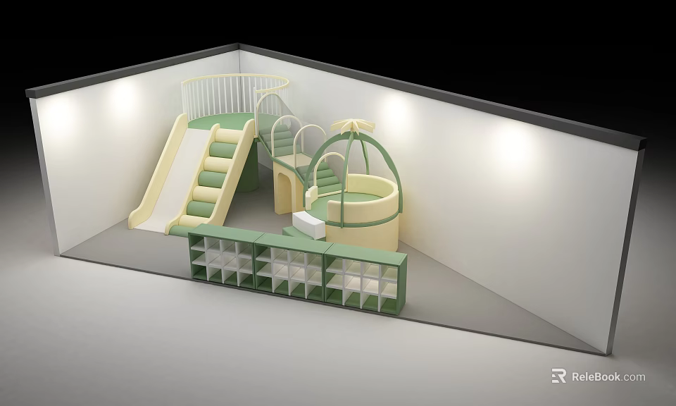 Indoor Children's Play Equipment With Slide Climbing Structure Round Cabin Green And Beige Safety Fence 3d model 