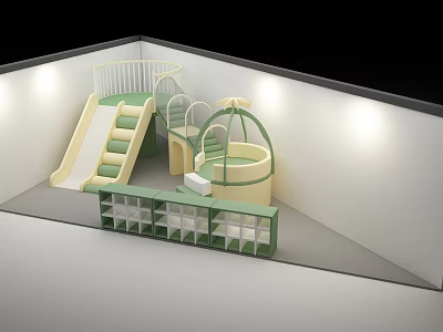 Indoor Children's Play Equipment With Slide Climbing Structure Round Cabin Green And Beige Safety Fence 3d model