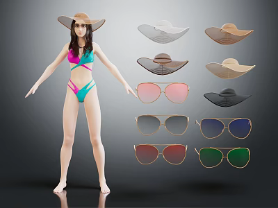 Woman in Bikini and Hat with Various Hats and Sunglasses Displayed 3d model