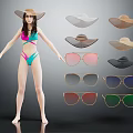 Woman in Bikini and Hat with Various Hats and Sunglasses Displayed