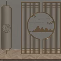 Chinese Wooden Room Divider With Slatted Design Circular Mountain Landscape Bamboo Leaves And Birds