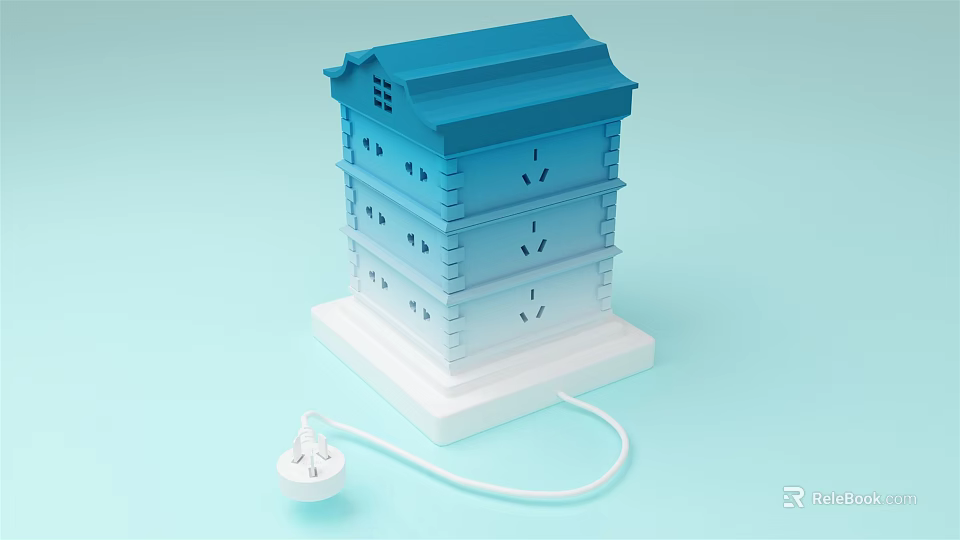 House Shaped Blue And White Multi Layer Tower Power Strip With Multiple Sockets And Cord 3d model 