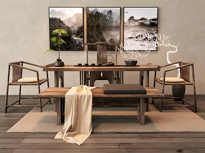Chinese Style Wooden Tea Table and Chairs with Bench Landscape Paintings and Potted Plant 3d model