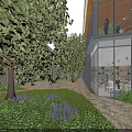Modern Commercial Street With Glass Facades Greenery Pedestrians And Outdoor Seating