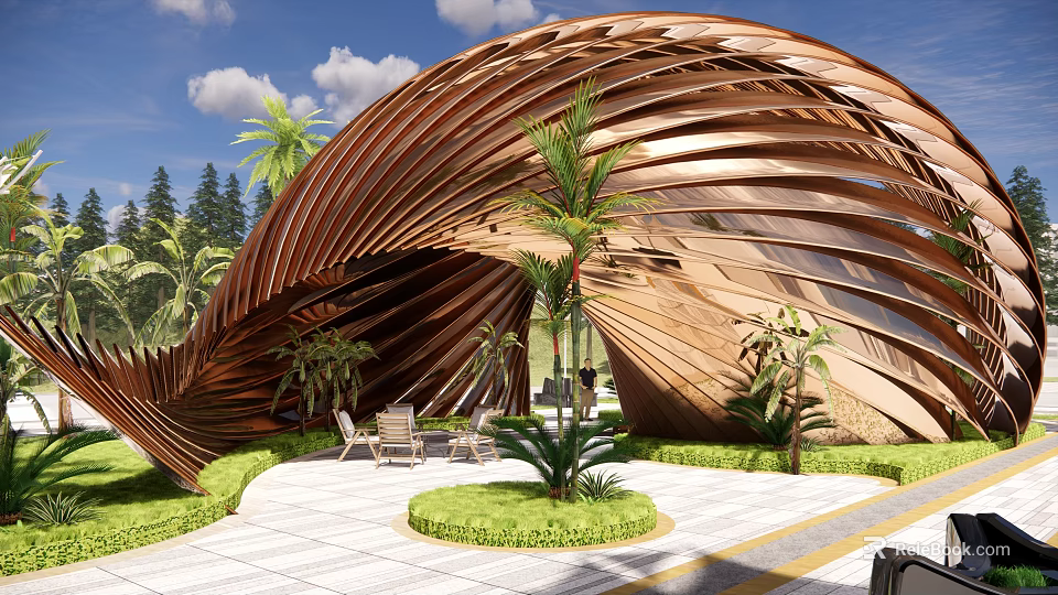 Curved Wooden Pergola with Wavy Design Green Plants and Outdoor Seating Area 3d model 
